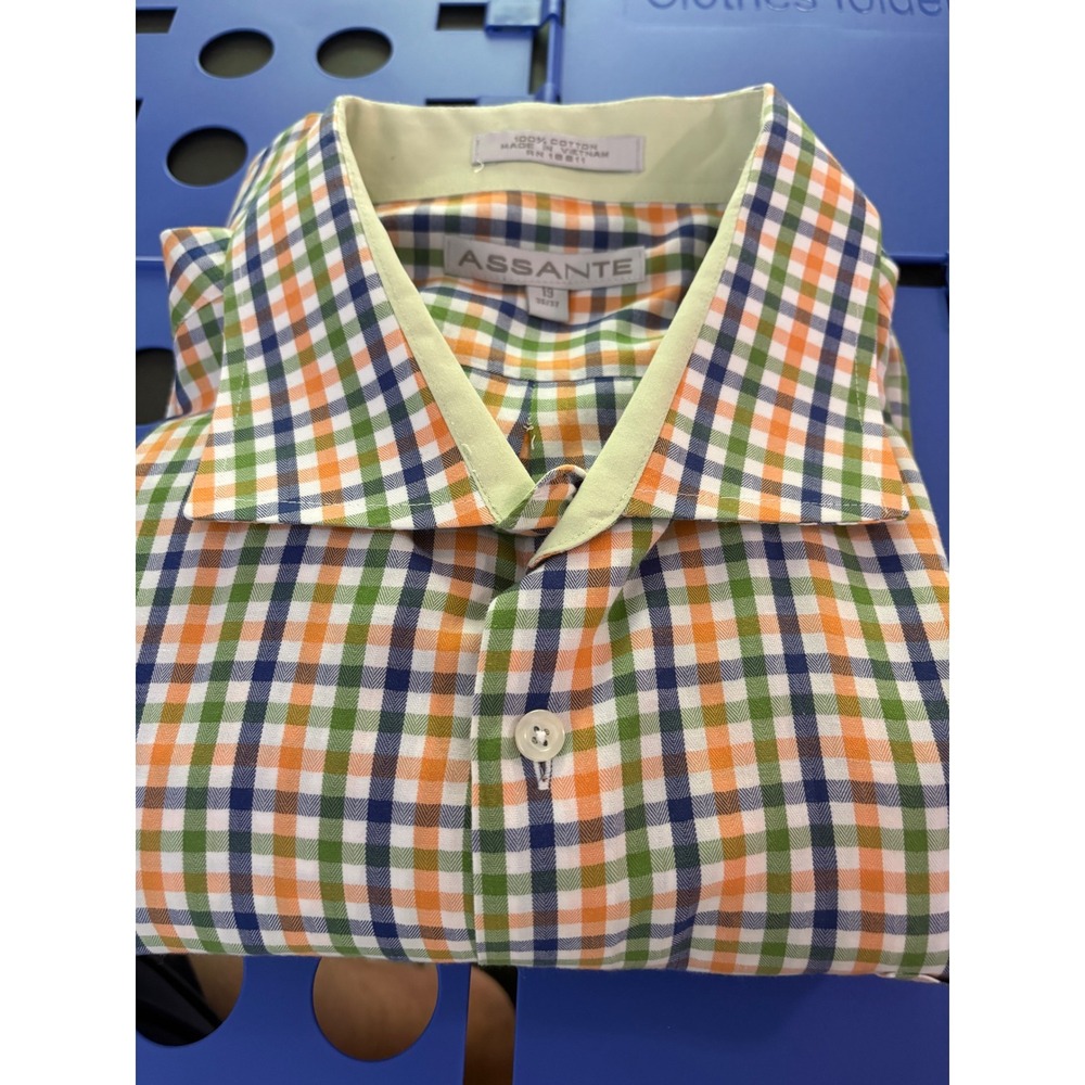 Assante Mens Dress Shirt 19 36/37 Long Sleeve Cotton Multi Color Check Plaid
